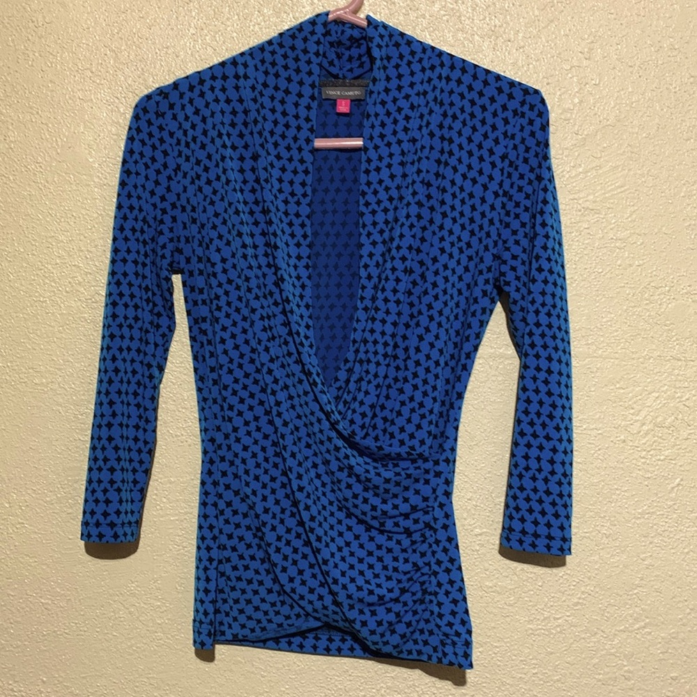Vince Camuto Blue and Black Patterned Wrap Blouse
